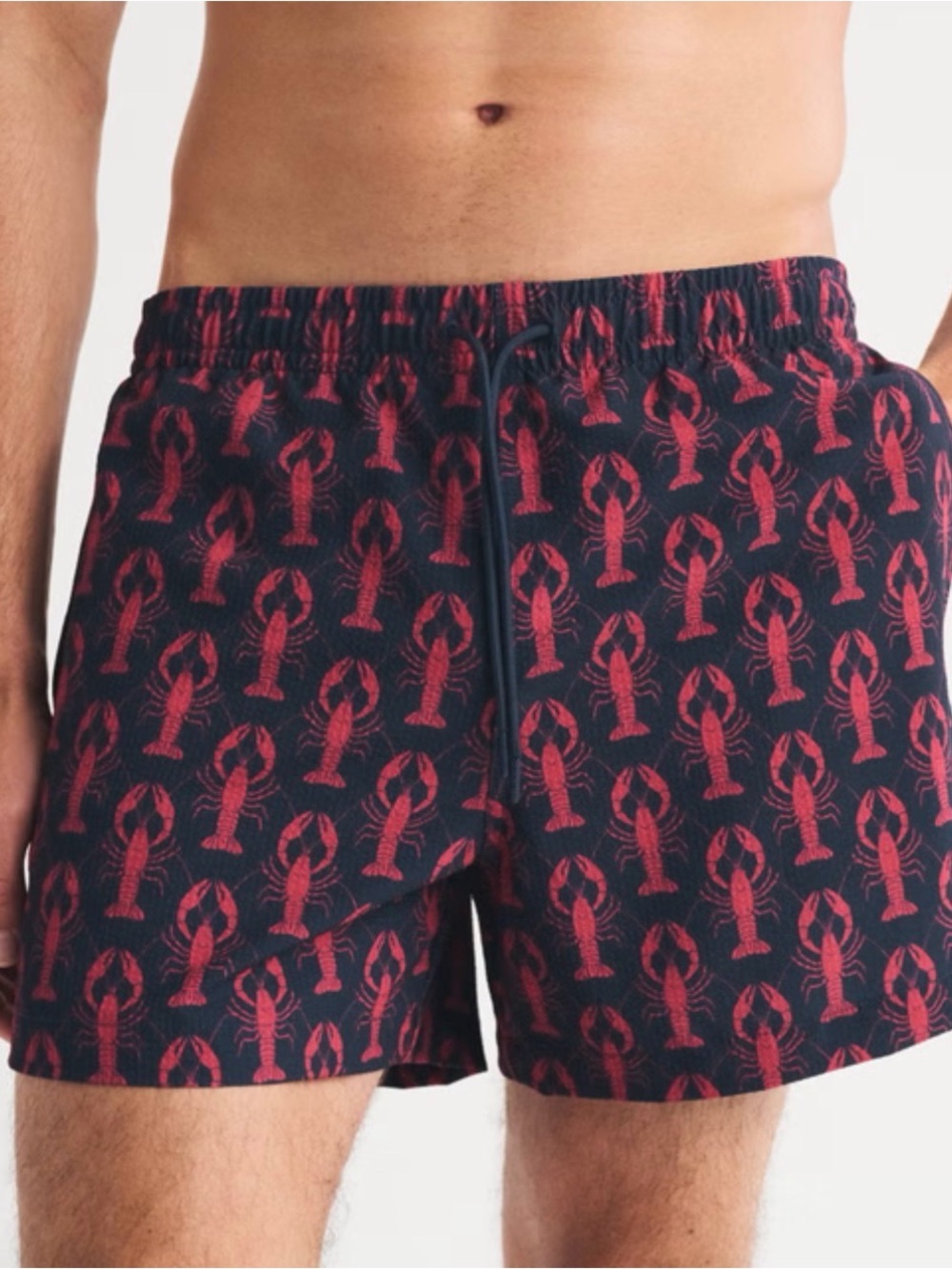 Men's Navy Swim Trunks with Red Lobster Print